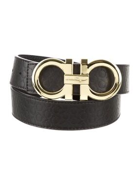 Salvatore Ferragamo Black Leather Belt with Gold Double Gancini Buckle